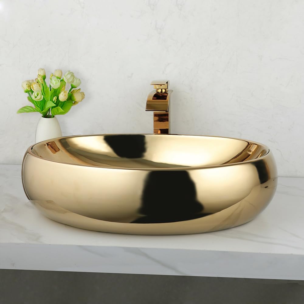 23 Inch Bathroom Vessel Sink with Waterfall Faucet and Pop-Up Drain Combo,Gold Ceramic Sink Bowl Modern Vessel Sink Above Counter Oval Bathroom Sink Basin