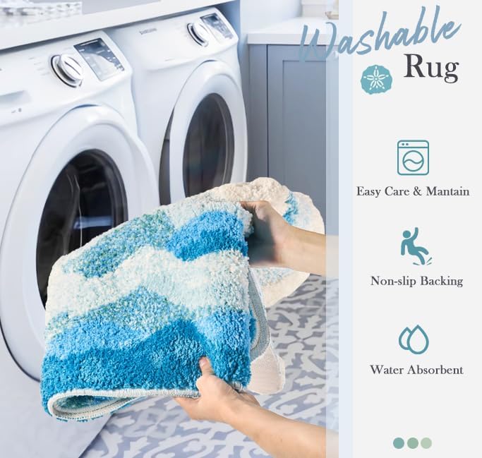 Large Blue Ocean Wave Bath Mat, Cute Funky Bathroom Rugs for Coastal Beach Nautical Themed Decor, Non-Slip Washable Accent Rug for Bedroom Kitchen, Trendy Tufted Shower Mats 47"x 24"