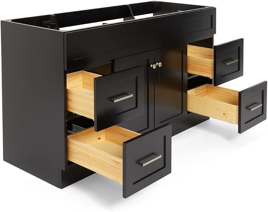 DKB Bradford Series 54" Inch Bathroom Base Cabinet in Black, Center Sink Configuration, Built in Toe Kick, 2 Soft Closing Doors, 4 Full Extension Dovetail Drawers