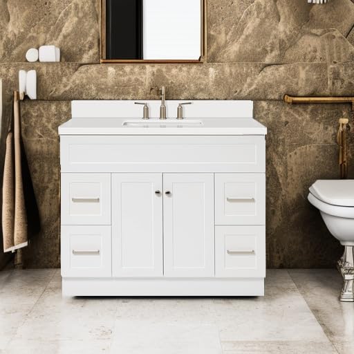 ARIEL Hamlet 43 Inch Single Sink Bathroom Vanity in White, 1.5" Edge Quartz Top, Solid Wood, Rectangular Sink, 2 Soft Closing Doors, 4 Full Extension Dovetail Drawers, Toe Kick