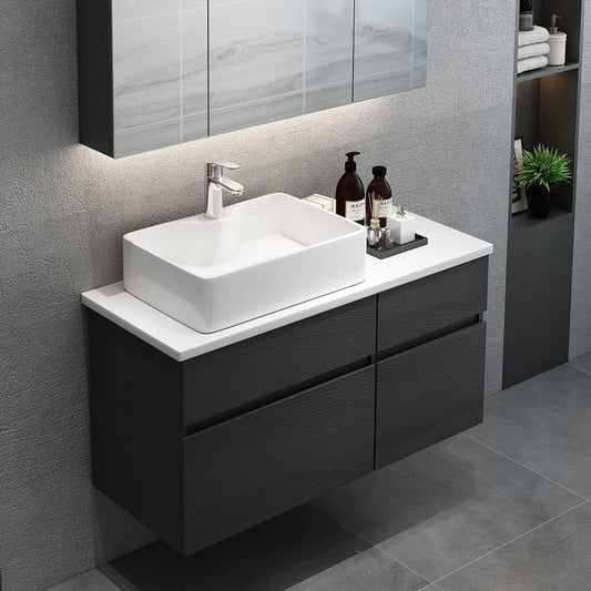 31'' Bathroom Vanity Floating Bathroom Sink Cabinet with Ceramic Vessel Sink Black & White Wall Mounted Floating Vanity