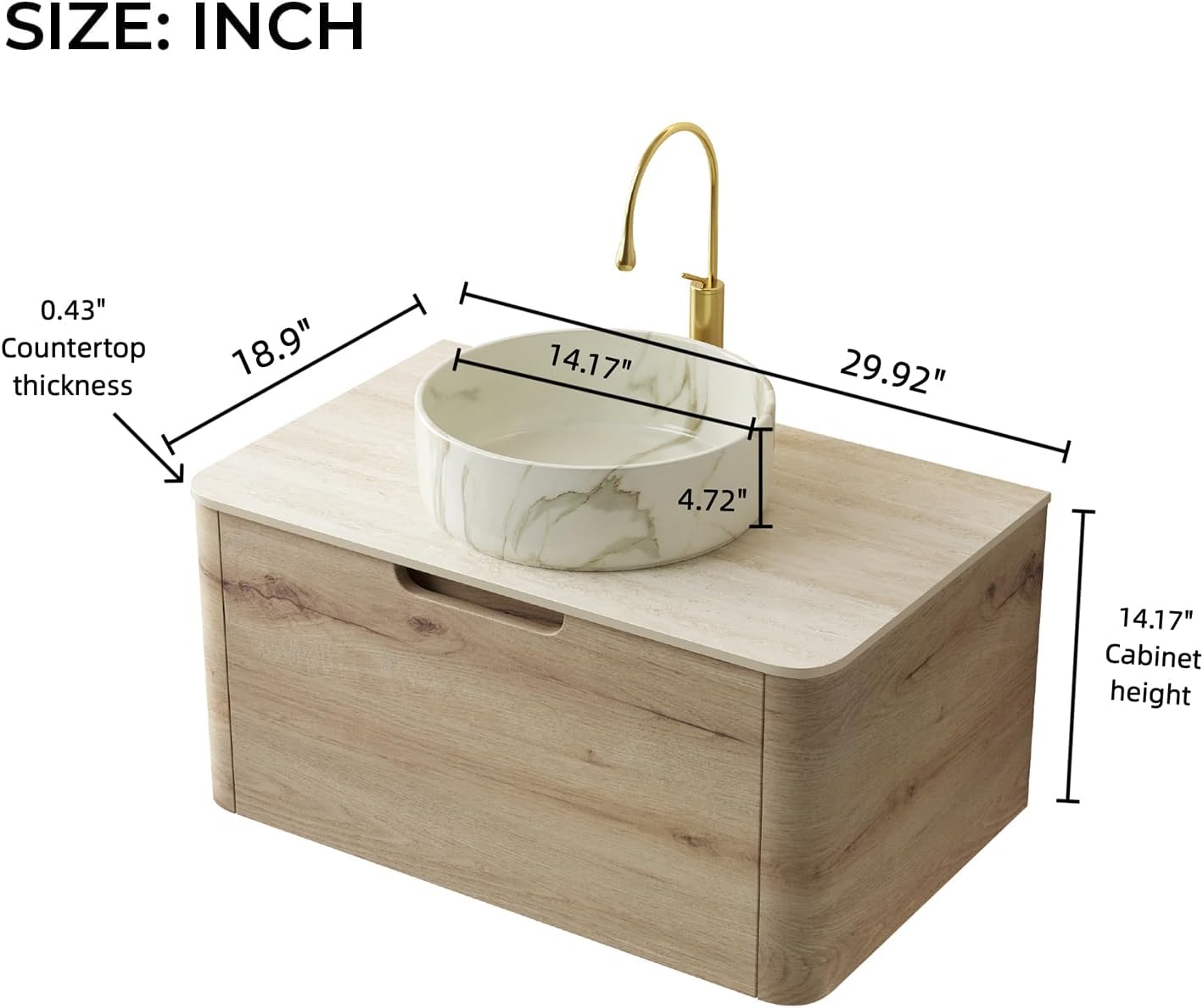 30 Inschs Bathroom Vanity with Sink, Modern Wall Mounted Bathroom with Soft Close Drawer, Stone Pattern Round Ceramic Basin and Solid Material Roma Travertine-Pattern Sintered Stone Top, Oak