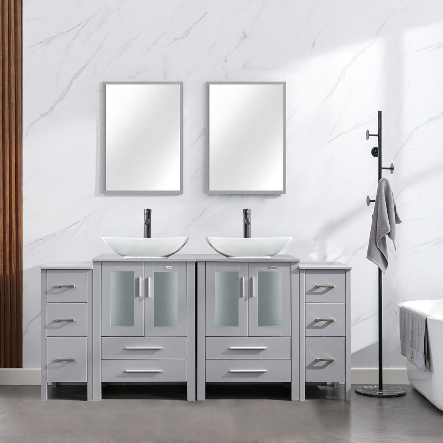 eclife 72" Modern Bathroom Vanity Sink Combo Freestanding Cabinet with Small Side Cabinet, Blue Boat Glass Vessel Sink, Water Save Faucet, Drain (Black+A29BU)