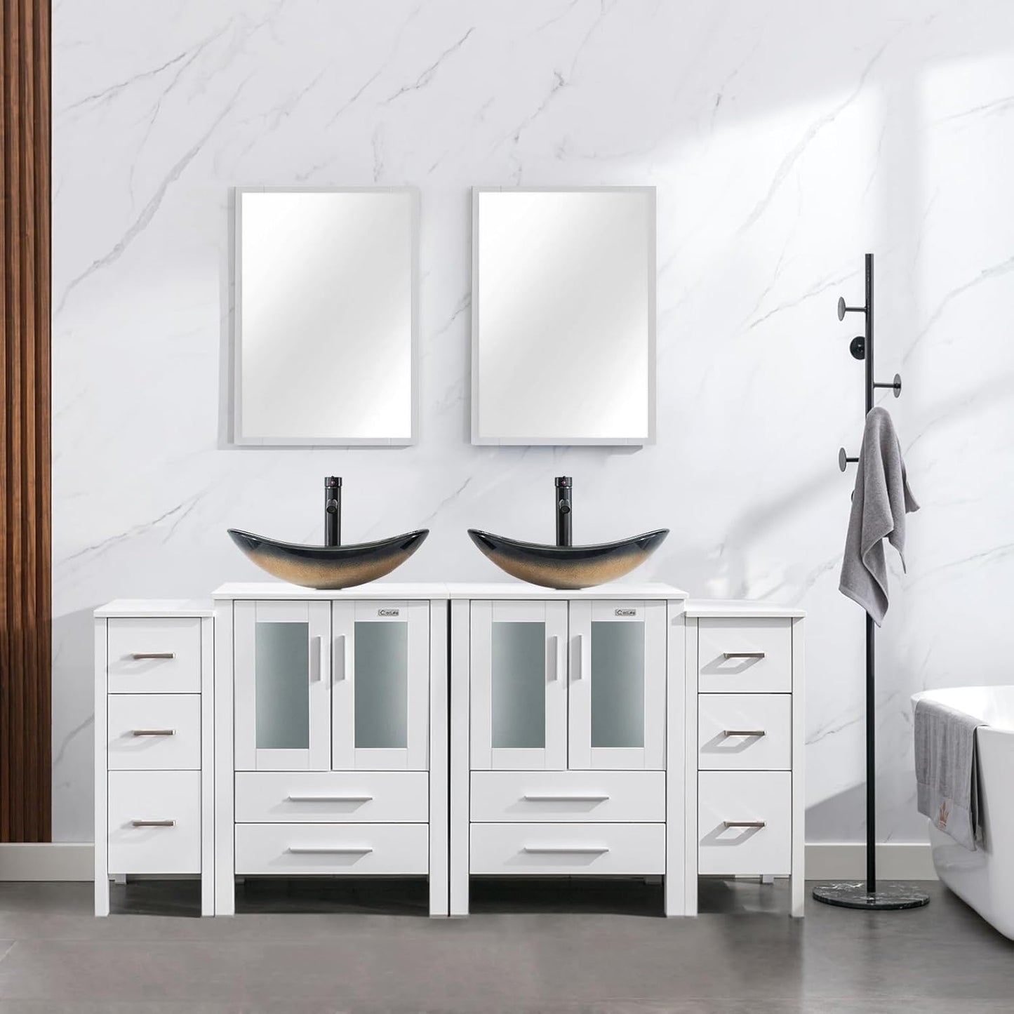 eclife 72" Modern Bathroom Vanity Sink Combo Freestanding Cabinet with Small Side Cabinet, Blue Boat Glass Vessel Sink, Water Save Faucet, Drain (Black+A29BU)