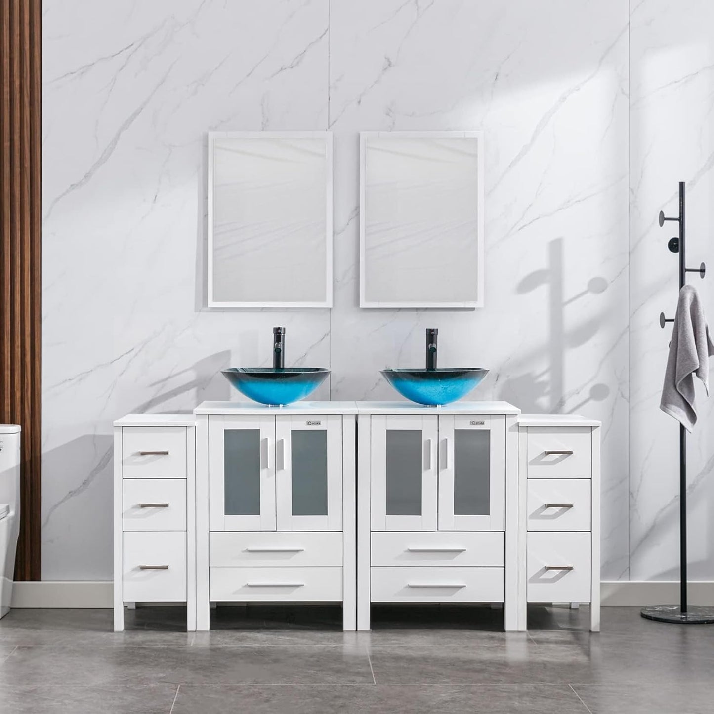 eclife 72" Modern Bathroom Vanity Sink Combo Freestanding Cabinet with Small Side Cabinet, Blue Boat Glass Vessel Sink, Water Save Faucet, Drain (Black+A29BU)