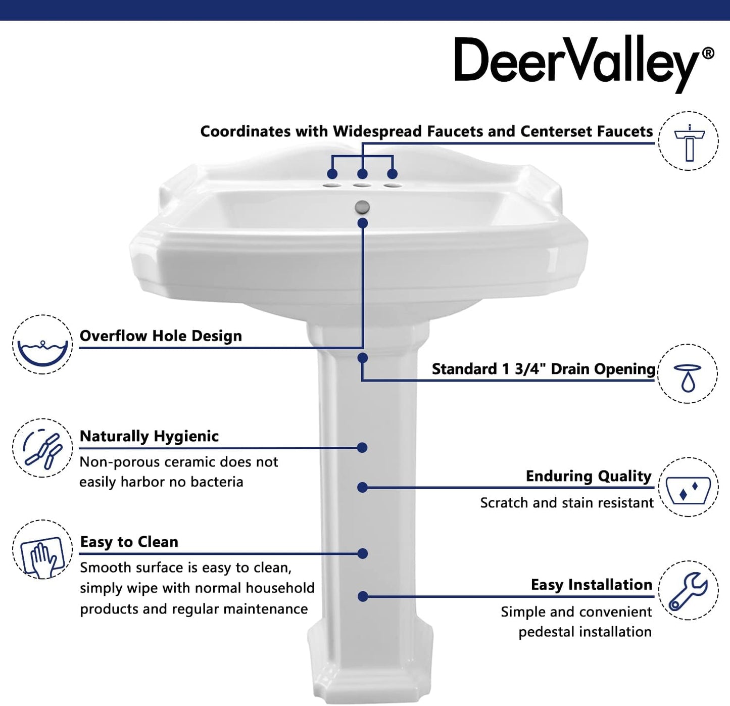 DeerValley DV-1P522 Dynasty Pedestal Sink 23" W X 19" D White Ceramic Pedestal Bathroom Sink With Overflow