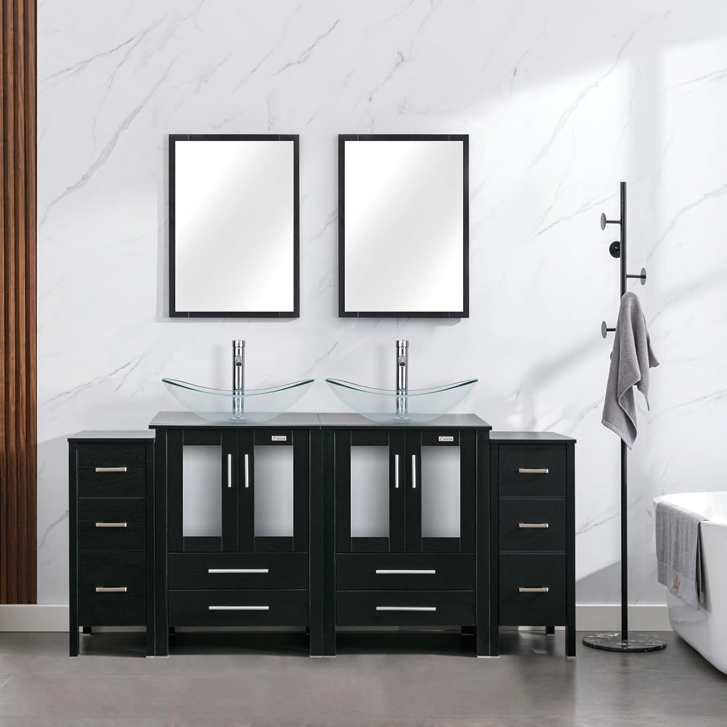 eclife 72" Modern Bathroom Vanity Sink Combo Freestanding Cabinet with Small Side Cabinet, Blue Boat Glass Vessel Sink, Water Save Faucet, Drain (Black+A29BU)