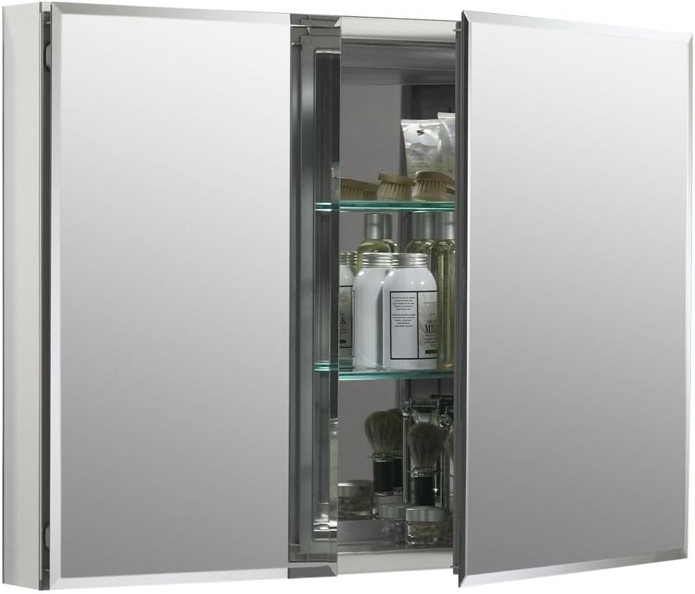 KOHLER CB-CLC3526FS Double Door Beveled Medicine Cabinet with Mirror Doors & Adjustable Shelves, Rectangular Beveled Edge Frame, 35" x 26"