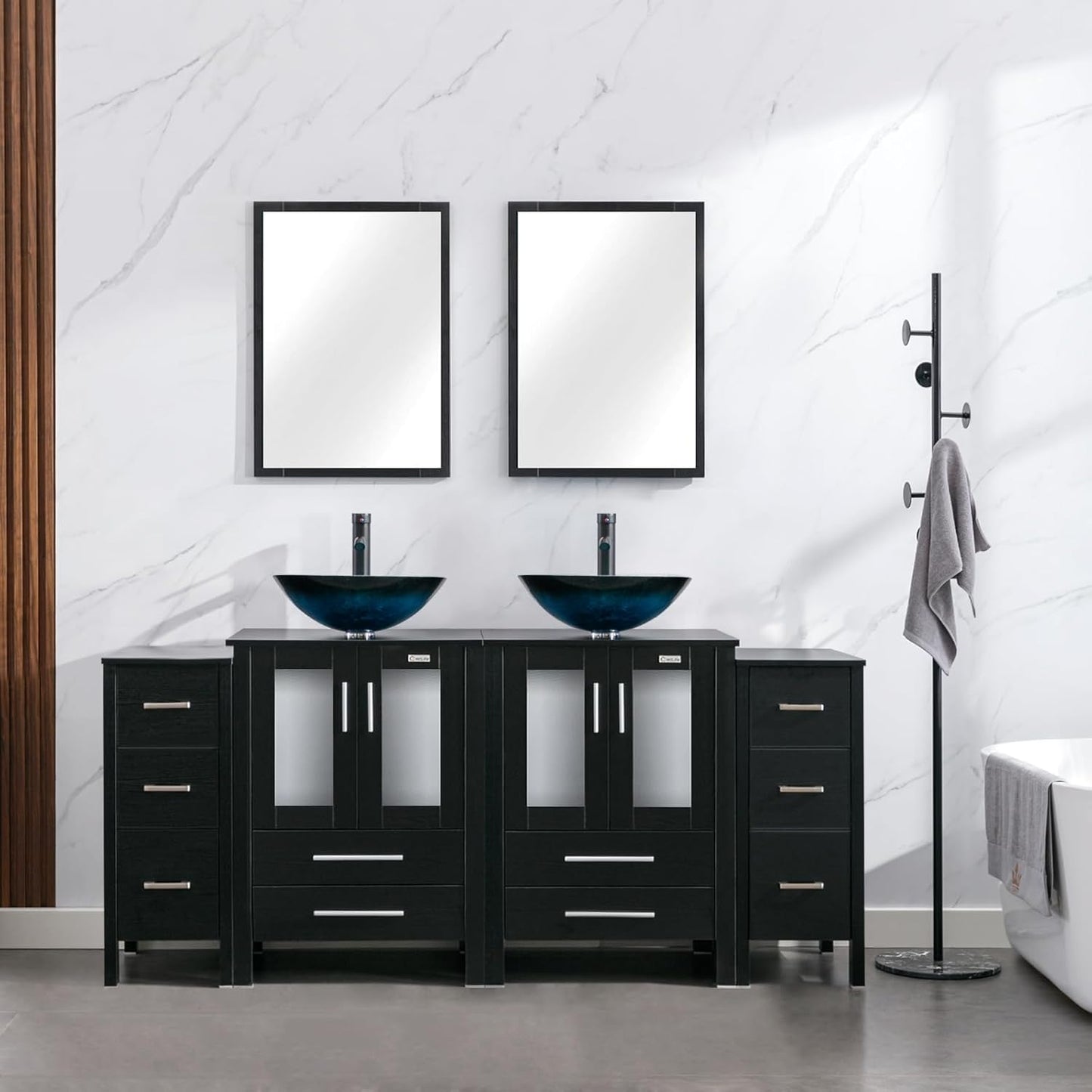 eclife 72" Modern Bathroom Vanity Sink Combo Freestanding Cabinet with Small Side Cabinet, Blue Boat Glass Vessel Sink, Water Save Faucet, Drain (Black+A29BU)