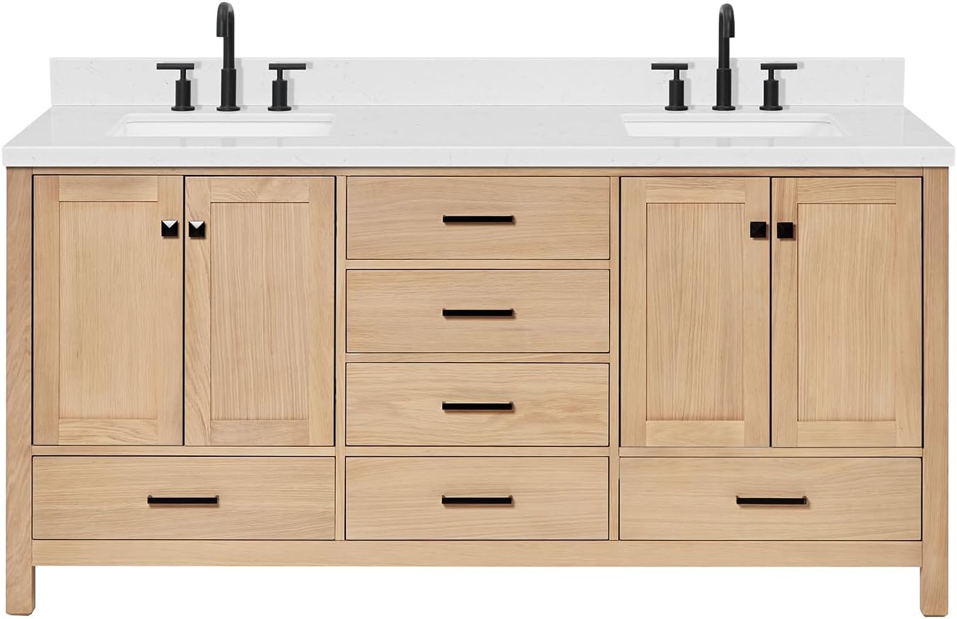 ARIEL 72" White Double Vanity, 2" Edge Italian Carrara Marble Countertop & Splash, Rectangular Sinks, 4 Soft Closing Doors, 6 Full Extension Dovetail Drawers, Brushed Nickel