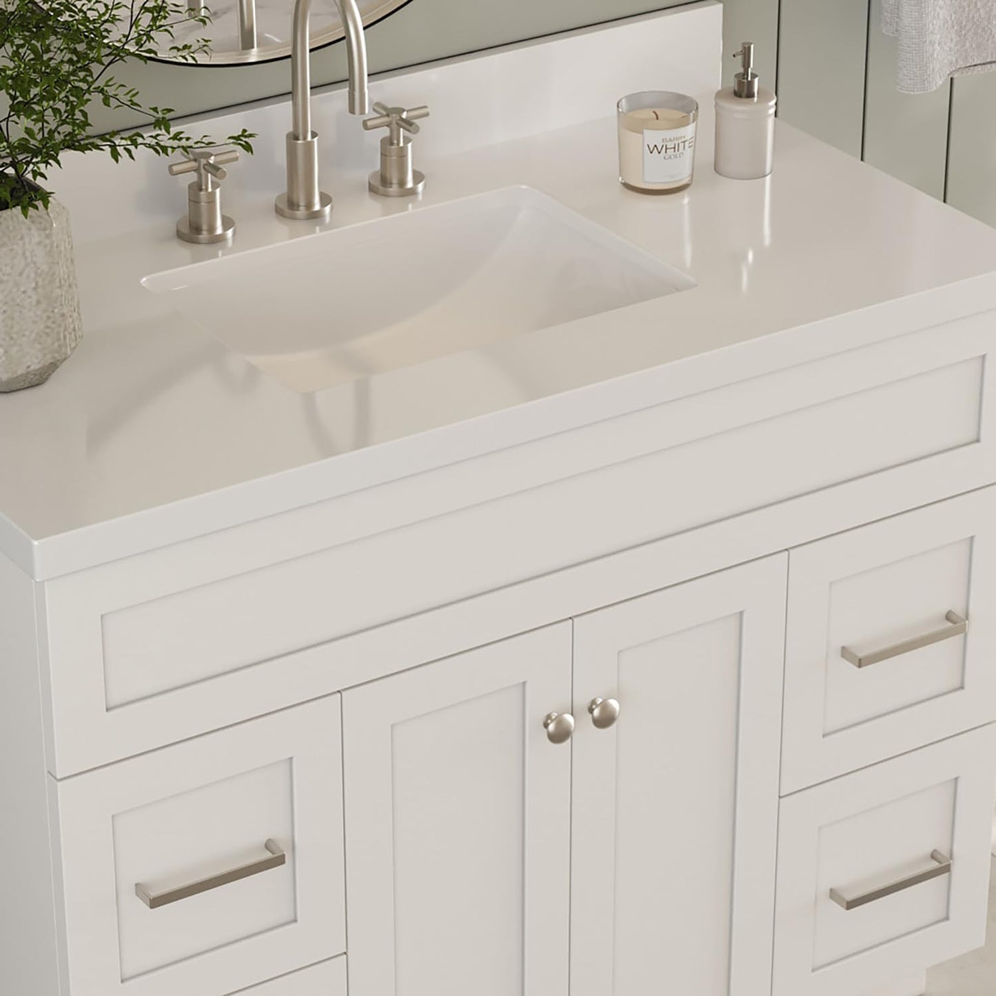 ARIEL Hamlet 43 Inch Single Sink Bathroom Vanity in White, 1.5" Edge Quartz Top, Solid Wood, Rectangular Sink, 2 Soft Closing Doors, 4 Full Extension Dovetail Drawers, Toe Kick