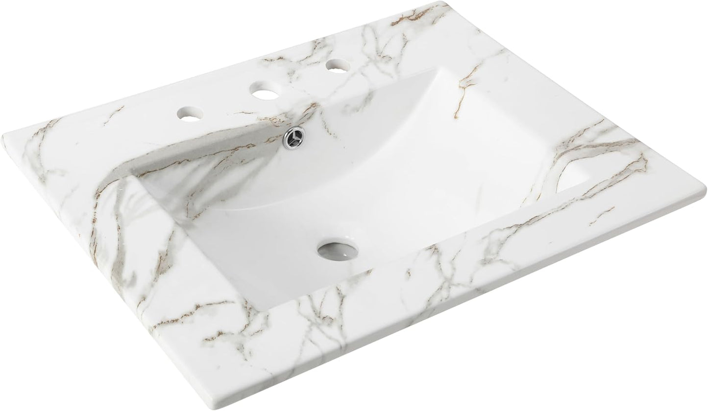 JONATHAN Y SNK1002D Ancillary 3-Hole 30 in. W x 18.25 in. D Classic Contemporary Rectangular Ceramic Single Sink Basin Vanity Top, Black Marble Effect