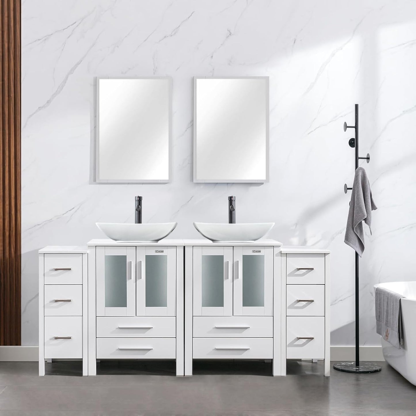 eclife 72" Modern Bathroom Vanity Sink Combo Freestanding Cabinet with Small Side Cabinet, Blue Boat Glass Vessel Sink, Water Save Faucet, Drain (Black+A29BU)