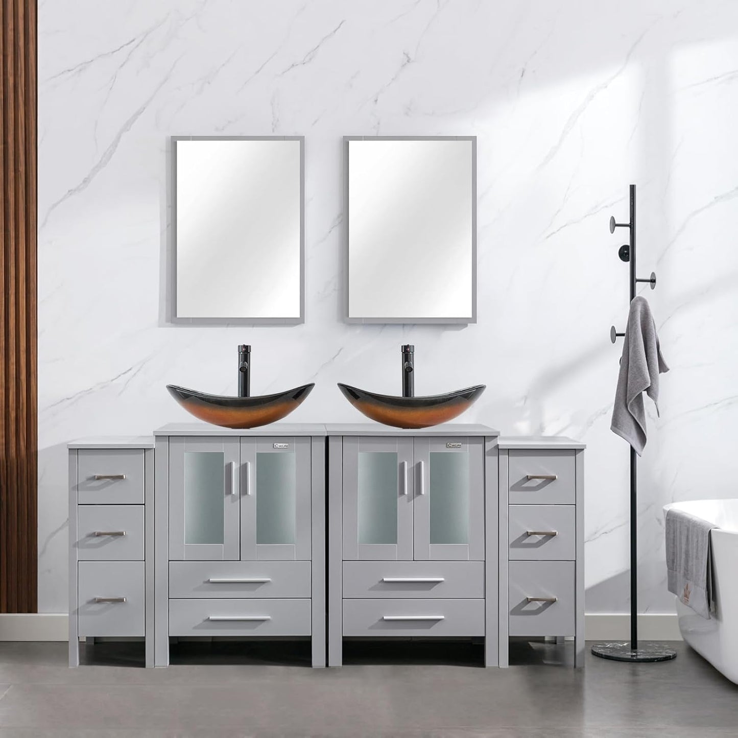 eclife 72" Modern Bathroom Vanity Sink Combo Freestanding Cabinet with Small Side Cabinet, Blue Boat Glass Vessel Sink, Water Save Faucet, Drain (Black+A29BU)