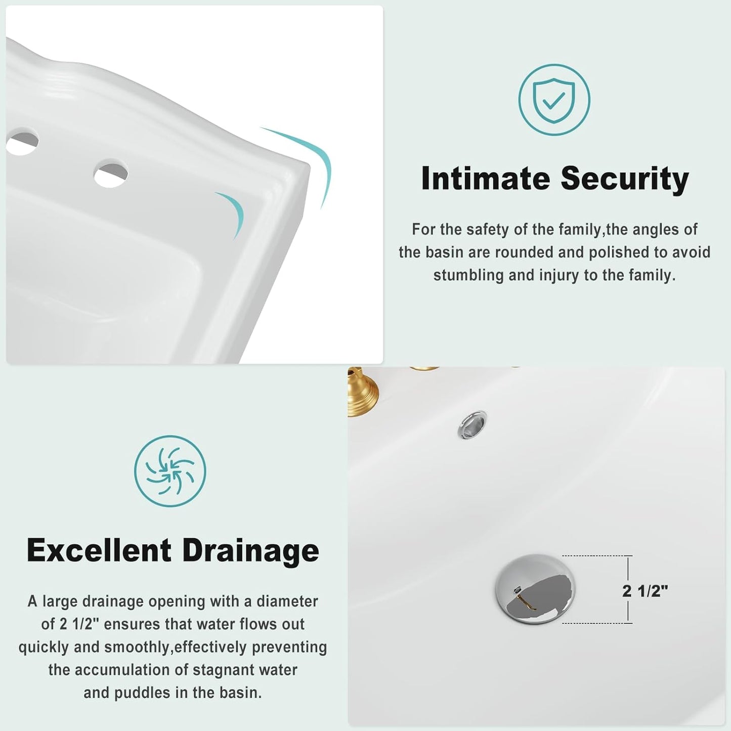 Bathroom Pedestal Sinks,Pedestal Sink 23" W X 19" D Vintage White Ceramic Pedestal Bathroom Sink With Overflow and 3 Pre-Drilled Holes - Fits 8-Inch Faucets