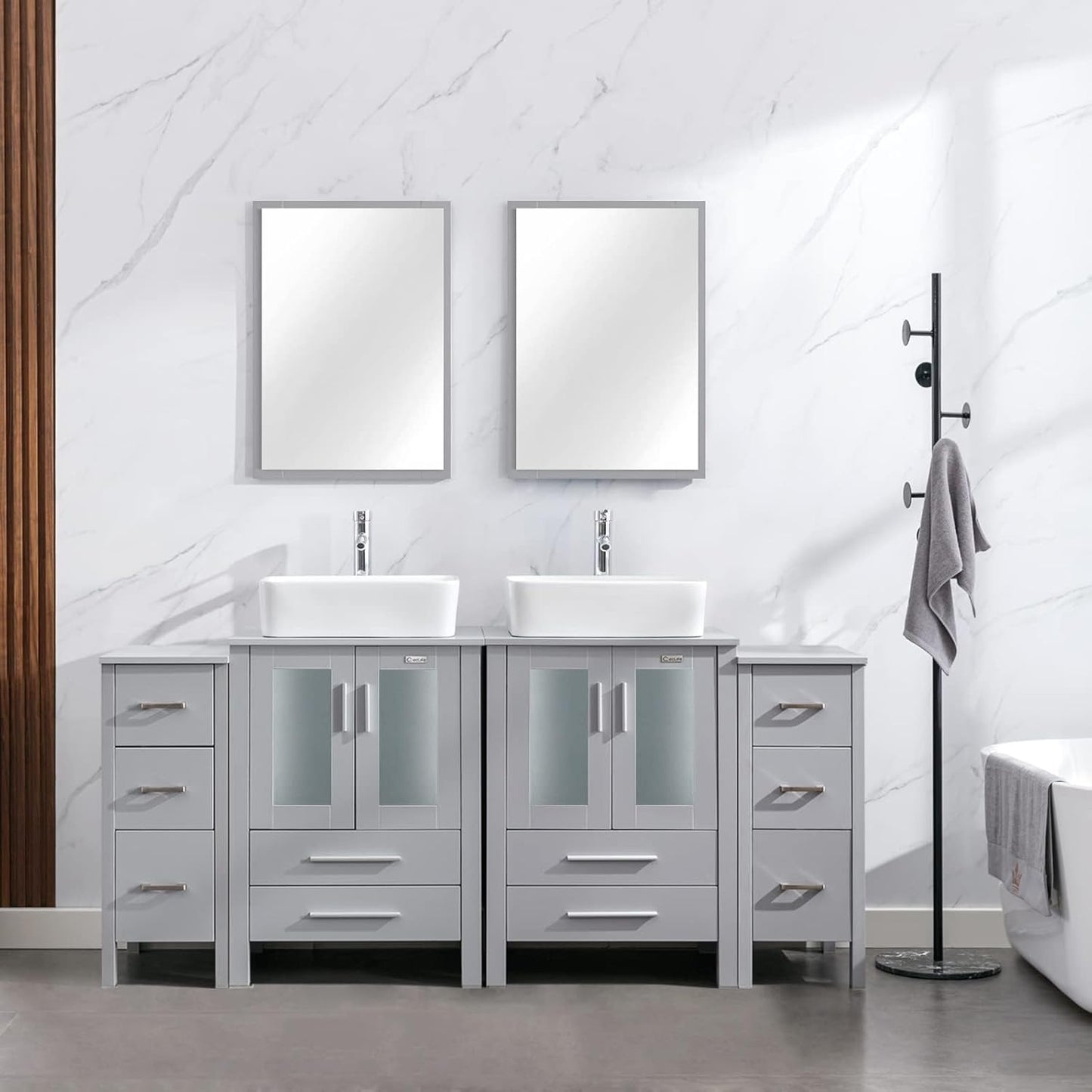 eclife 72" Modern Bathroom Vanity Sink Combo Freestanding Cabinet with Small Side Cabinet, Blue Boat Glass Vessel Sink, Water Save Faucet, Drain (Black+A29BU)