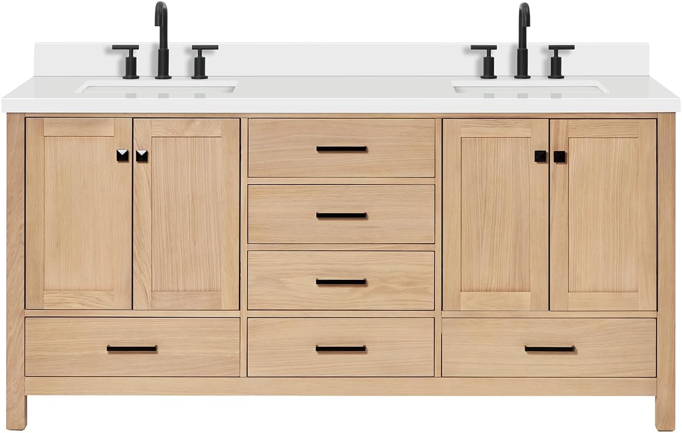 ARIEL 72" White Double Vanity, 2" Edge Italian Carrara Marble Countertop & Splash, Rectangular Sinks, 4 Soft Closing Doors, 6 Full Extension Dovetail Drawers, Brushed Nickel
