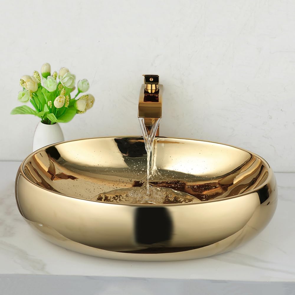 23 Inch Bathroom Vessel Sink with Waterfall Faucet and Pop-Up Drain Combo,Gold Ceramic Sink Bowl Modern Vessel Sink Above Counter Oval Bathroom Sink Basin