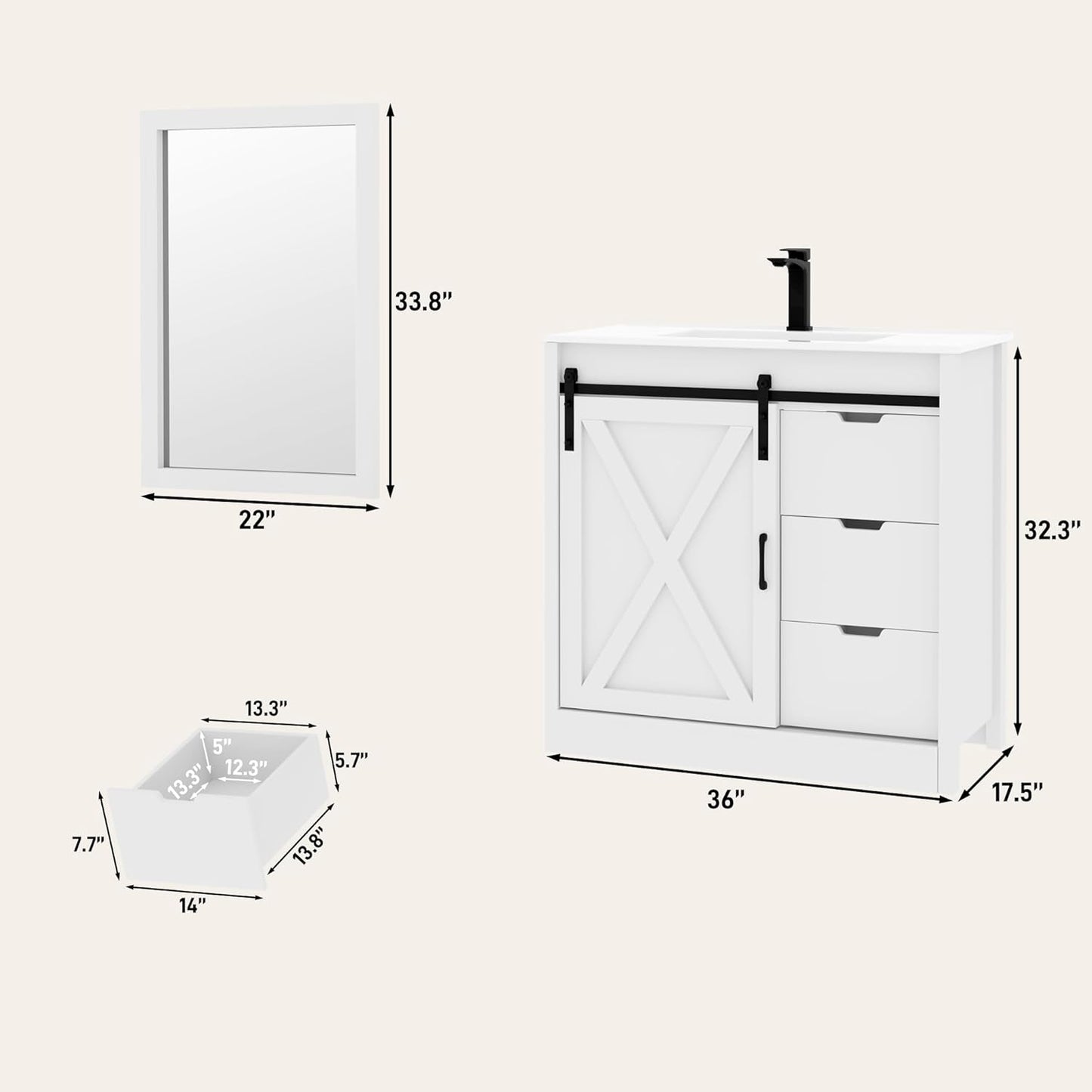 36 Inch Bathroom Vanity with Sink & Faucet & Mirror, Farmhouse Bathroom Vanity Cabinet Set with Sliding Barn Door & Drawers, Small Single Bath Storage Vanity Sink, White