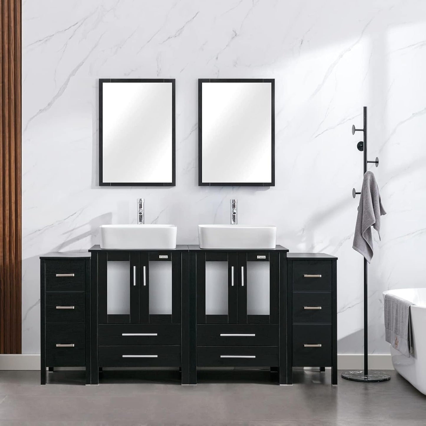 eclife 72" Modern Bathroom Vanity Sink Combo Freestanding Cabinet with Small Side Cabinet, Blue Boat Glass Vessel Sink, Water Save Faucet, Drain (Black+A29BU)