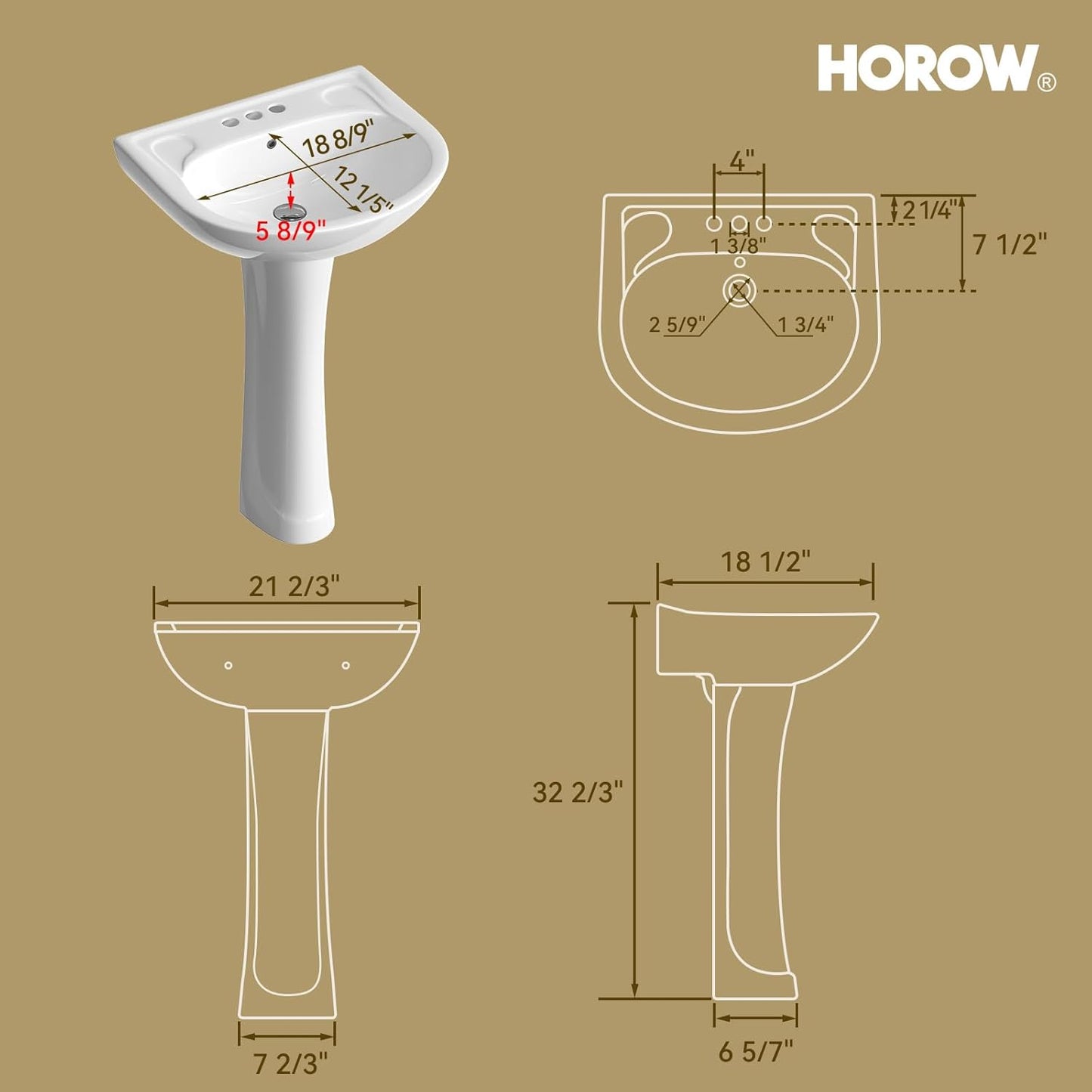 HOROW 22"W x 19"D U-Shape Pedestal Sink, White Ceramic Pedestal Bathroom Sink with Overflow and 3 Pre-Drilled Holes, Modern Bath Pedestal Sink Combo