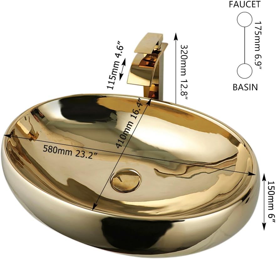 23 Inch Bathroom Vessel Sink with Waterfall Faucet and Pop-Up Drain Combo,Gold Ceramic Sink Bowl Modern Vessel Sink Above Counter Oval Bathroom Sink Basin