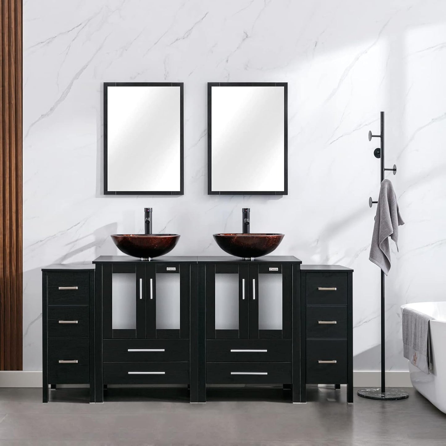 eclife 72" Modern Bathroom Vanity Sink Combo Freestanding Cabinet with Small Side Cabinet, Blue Boat Glass Vessel Sink, Water Save Faucet, Drain (Black+A29BU)