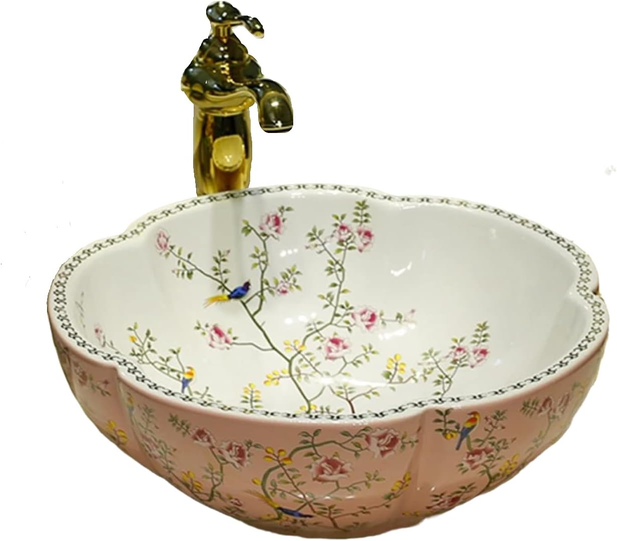 Ceramic Bathroom Vessel Sink Bowl White Color Art Above Counter Vanity Wash Basin with Flower Shape and Flower Bird Pattern,1Sink Only