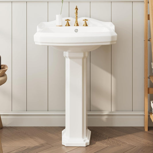 Bathroom Pedestal Sinks,Pedestal Sink 23" W X 19" D Vintage White Ceramic Pedestal Bathroom Sink With Overflow and 3 Pre-Drilled Holes - Fits 8-Inch Faucets