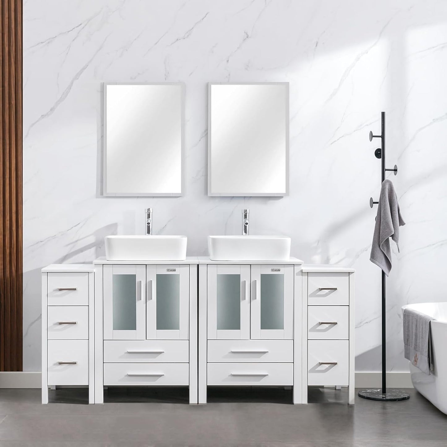 eclife 72" Modern Bathroom Vanity Sink Combo Freestanding Cabinet with Small Side Cabinet, Blue Boat Glass Vessel Sink, Water Save Faucet, Drain (Black+A29BU)