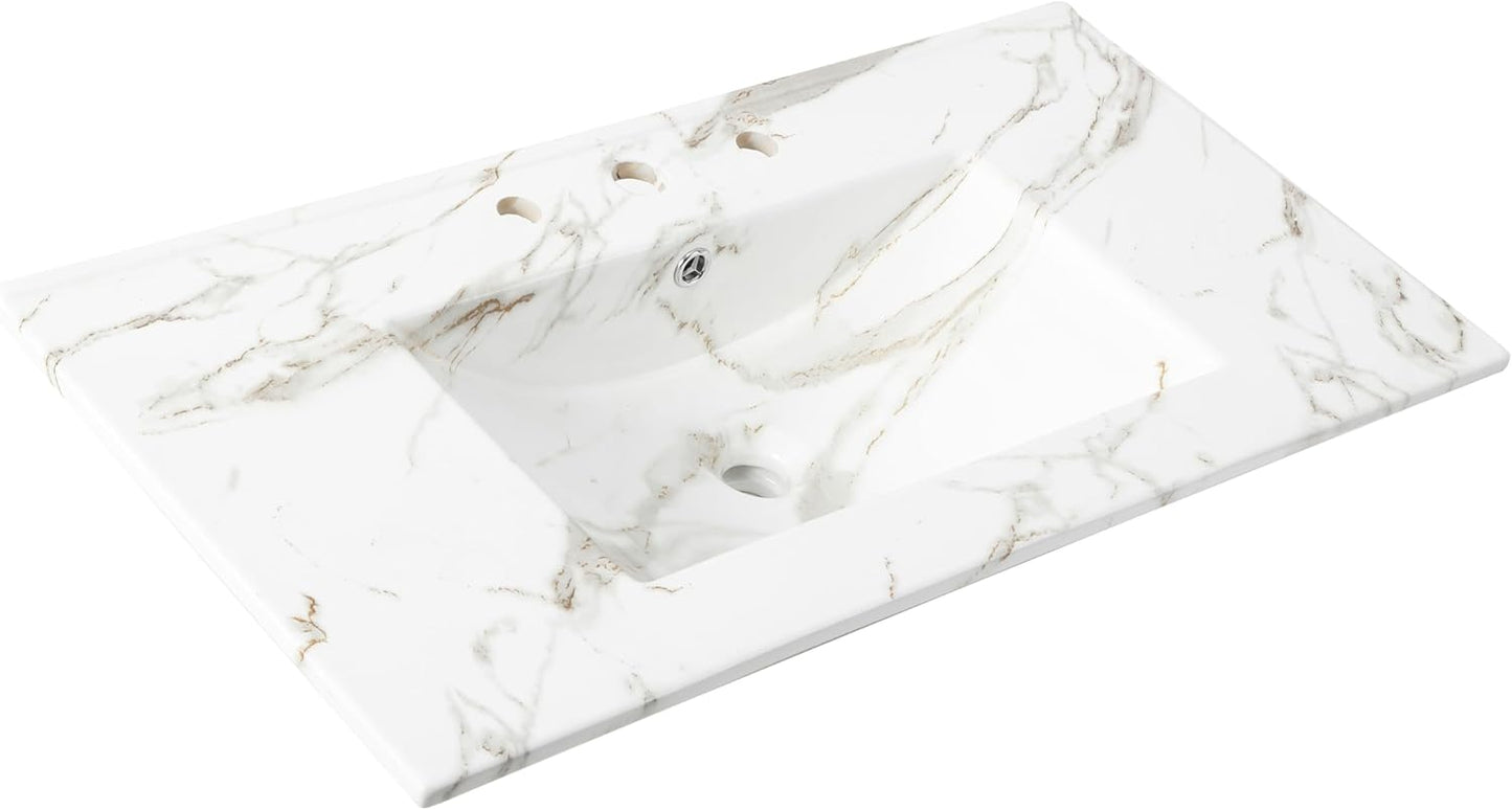 JONATHAN Y SNK1002D Ancillary 3-Hole 30 in. W x 18.25 in. D Classic Contemporary Rectangular Ceramic Single Sink Basin Vanity Top, Black Marble Effect