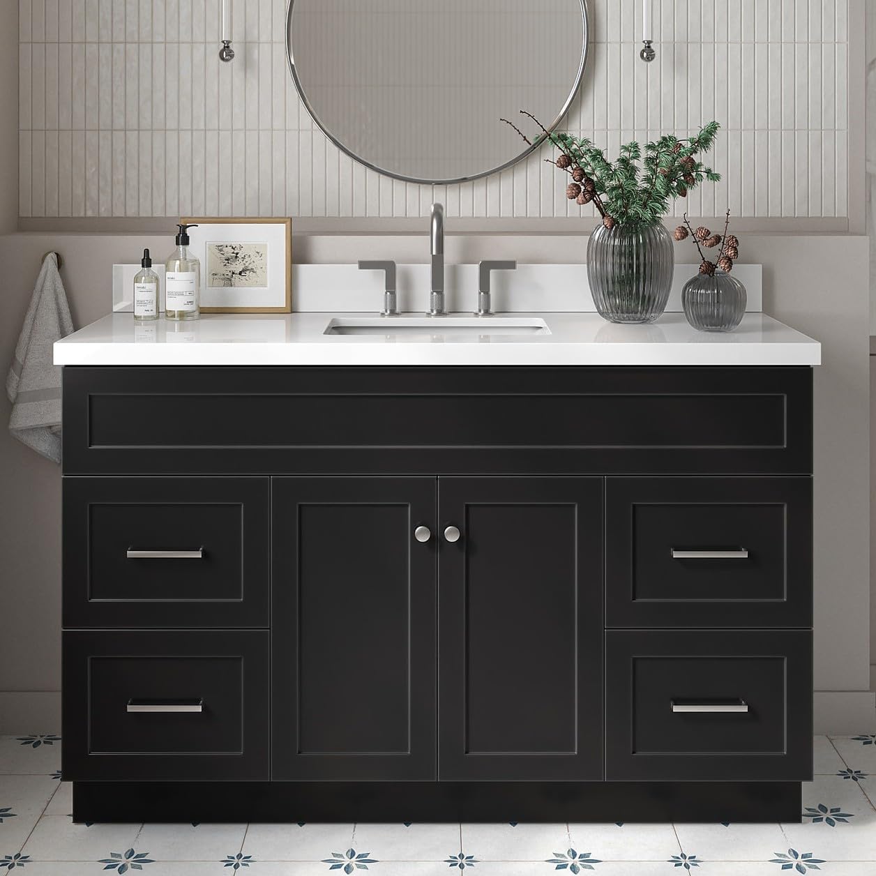 ARIEL Hamlet 43 Inch Single Sink Bathroom Vanity in White, 1.5" Edge Quartz Top, Solid Wood, Rectangular Sink, 2 Soft Closing Doors, 4 Full Extension Dovetail Drawers, Toe Kick