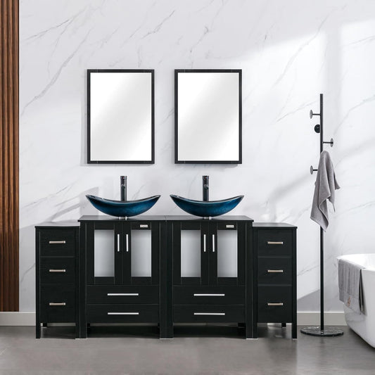 eclife 72" Modern Bathroom Vanity Sink Combo Freestanding Cabinet with Small Side Cabinet, Blue Boat Glass Vessel Sink, Water Save Faucet, Drain (Black+A29BU)