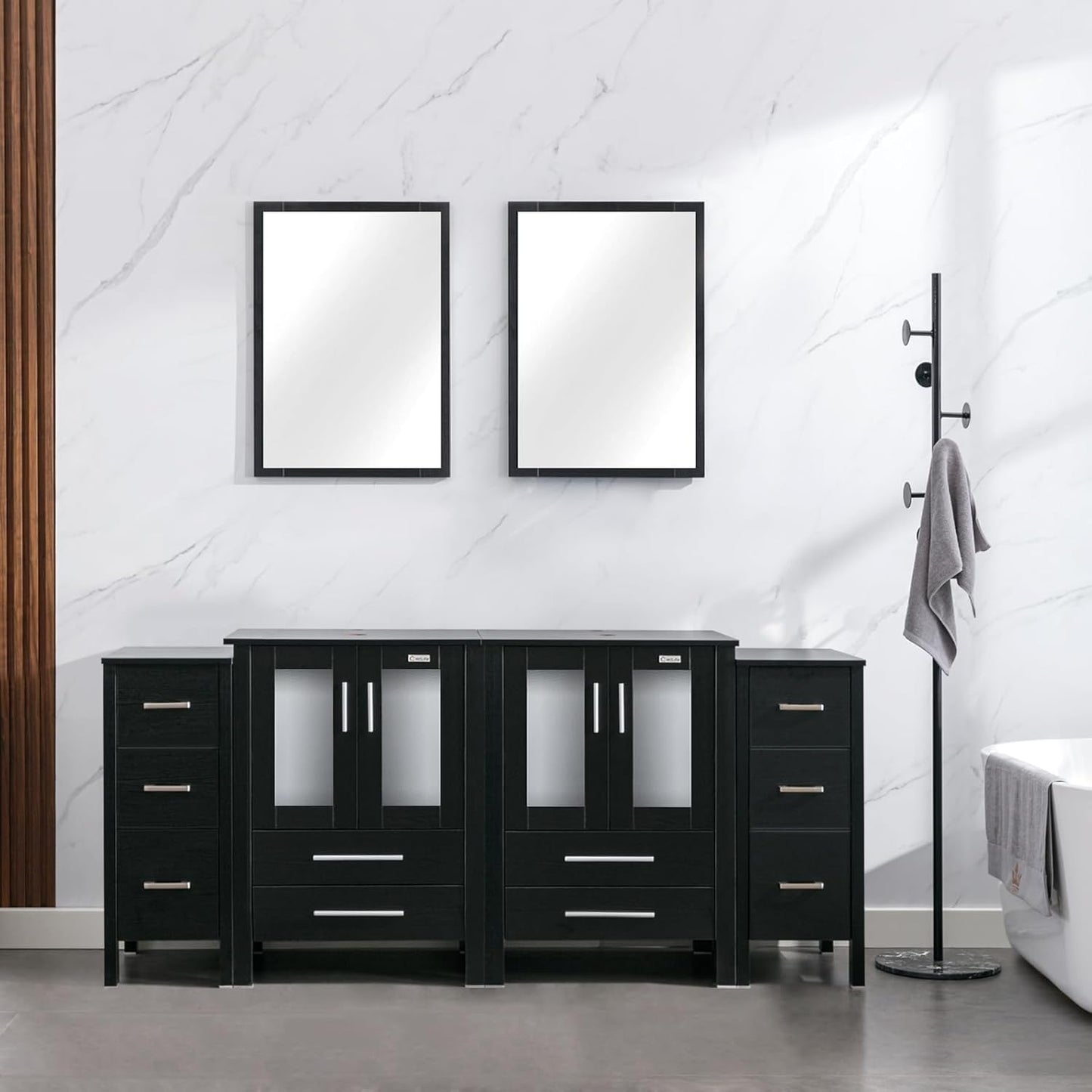 eclife 72" Modern Bathroom Vanity Sink Combo Freestanding Cabinet with Small Side Cabinet, Blue Boat Glass Vessel Sink, Water Save Faucet, Drain (Black+A29BU)