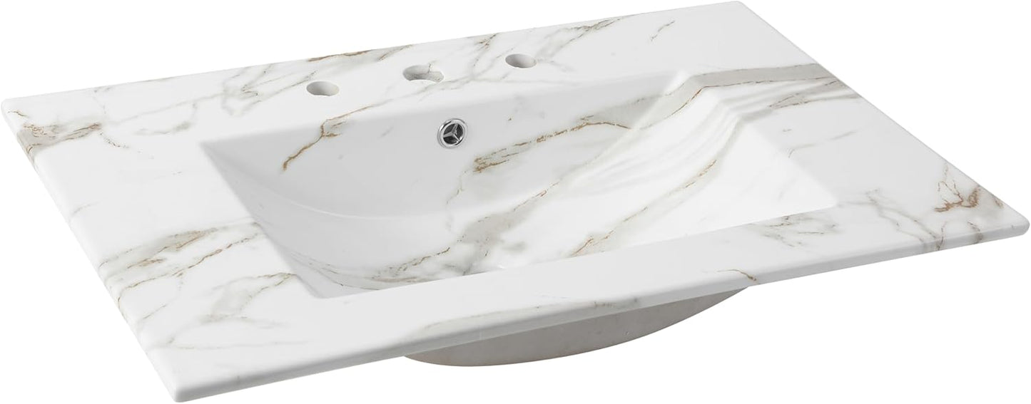 JONATHAN Y SNK1002D Ancillary 3-Hole 30 in. W x 18.25 in. D Classic Contemporary Rectangular Ceramic Single Sink Basin Vanity Top, Black Marble Effect