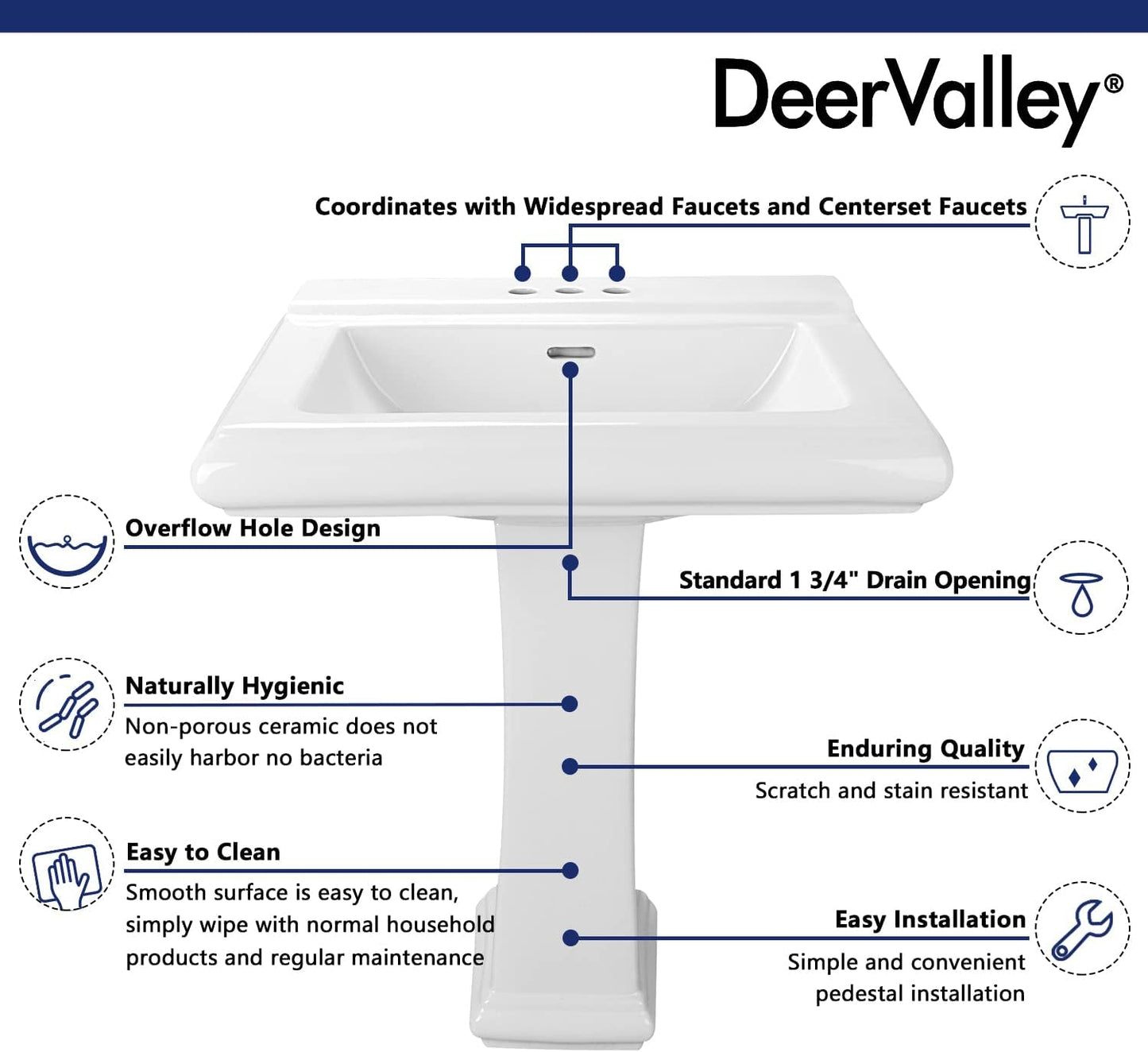 DeerValley 26"L X 20"W Rectangular Pedestal Sink, Apex White Ceramic Pedestal Bathroom Sink with 3 Faucet Holes at 4" Faucet Centers, with Overflow,DV-1P521