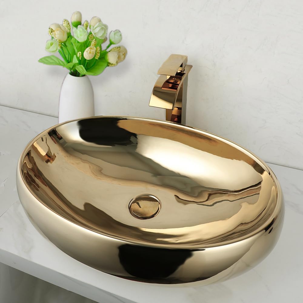 23 Inch Bathroom Vessel Sink with Waterfall Faucet and Pop-Up Drain Combo,Gold Ceramic Sink Bowl Modern Vessel Sink Above Counter Oval Bathroom Sink Basin