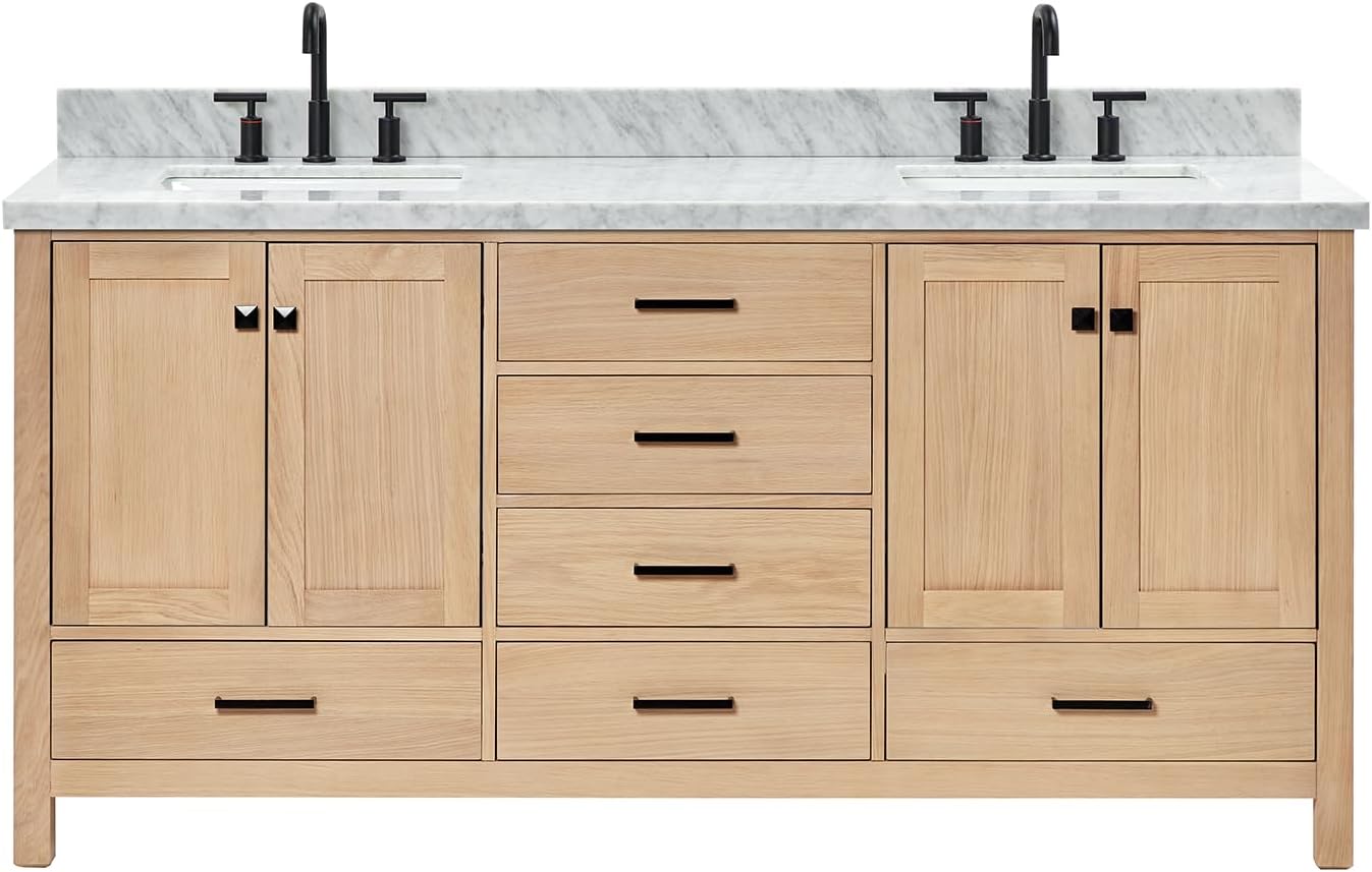 ARIEL 72" White Double Vanity, 2" Edge Italian Carrara Marble Countertop & Splash, Rectangular Sinks, 4 Soft Closing Doors, 6 Full Extension Dovetail Drawers, Brushed Nickel