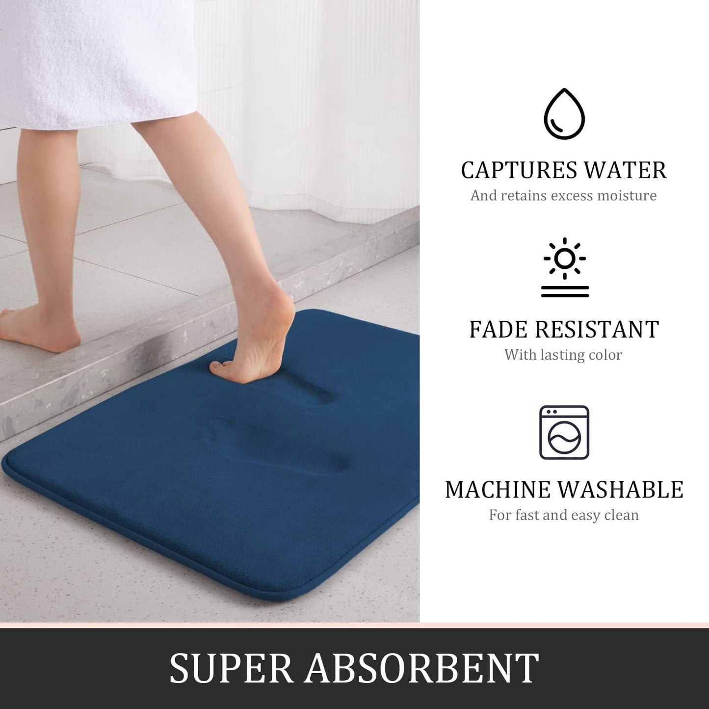 YIHOUSE Bathroom Rug Set 5 Piece, Memory Foam Bath Mat Set, Super Absorbent Bath Mats for Floor - Non-Slip & Washable Bathroom Rugs - Dry Quickly Bath Rugs, Dark Blue