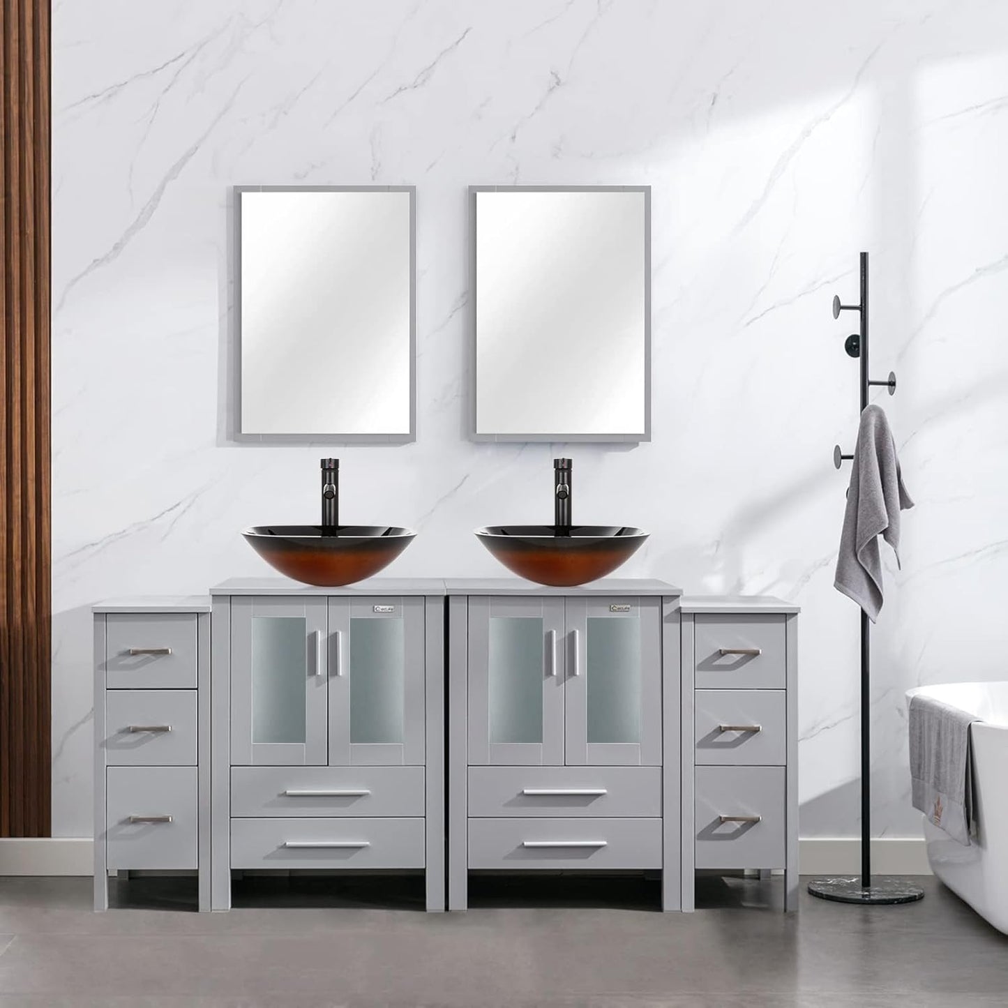 eclife 72" Modern Bathroom Vanity Sink Combo Freestanding Cabinet with Small Side Cabinet, Blue Boat Glass Vessel Sink, Water Save Faucet, Drain (Black+A29BU)