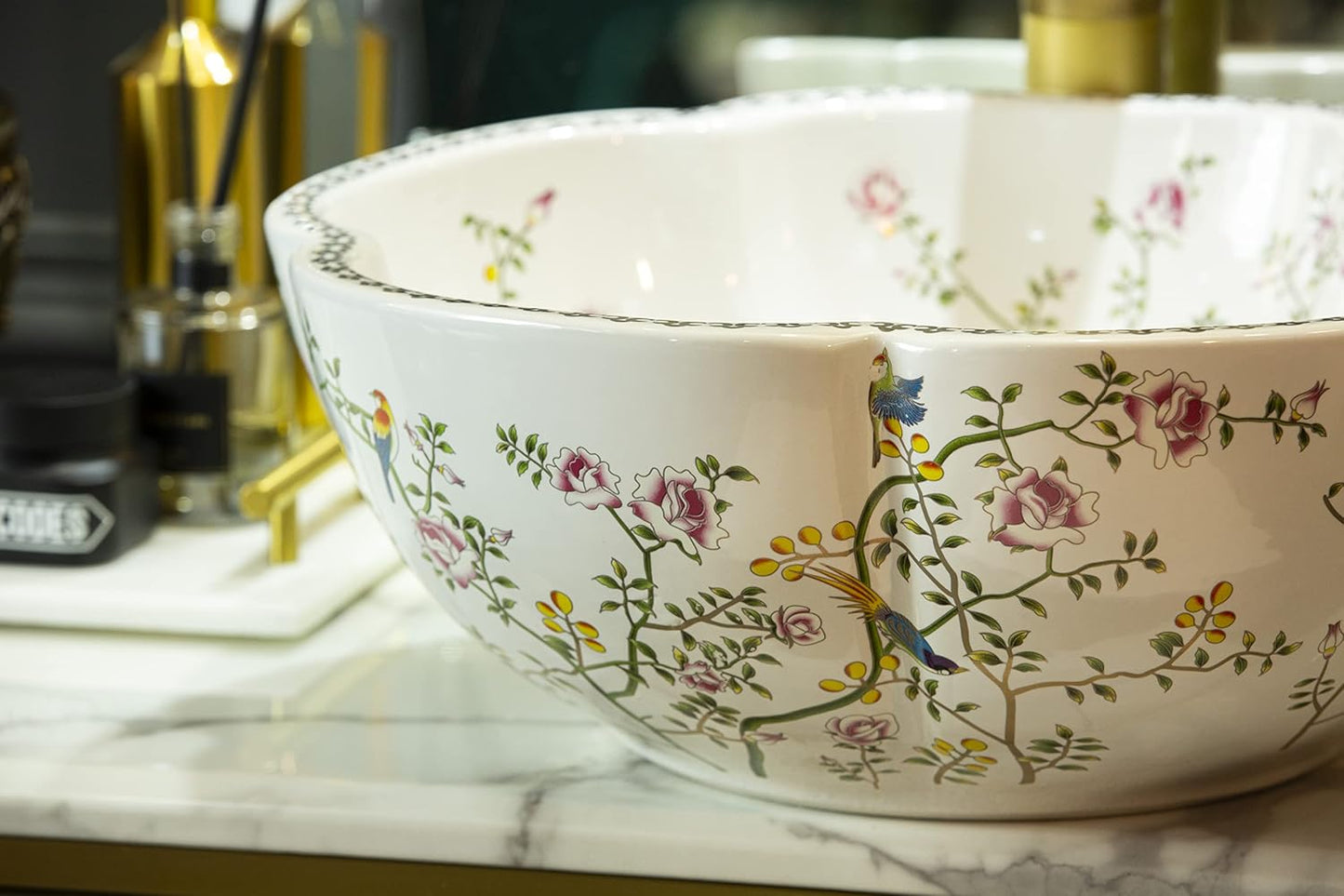 Ceramic Bathroom Vessel Sink Bowl White Color Art Above Counter Vanity Wash Basin with Flower Shape and Flower Bird Pattern,1Sink Only