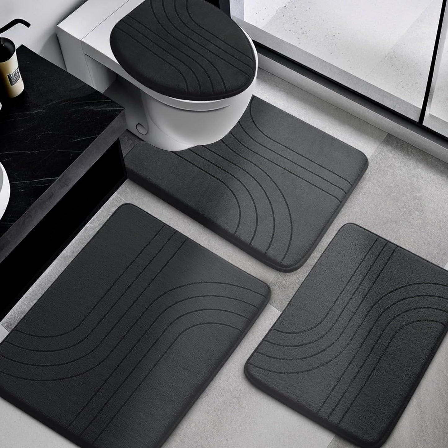 YIHOUSE Blue Bathroom Rug Set 5 Pieces, Soft Non Slip Memory Foam Bath Mats, Extra Thick Bath Mats for Bathroom, Machine Washable Bath Rugs Set for Tub, Toilet and Floor