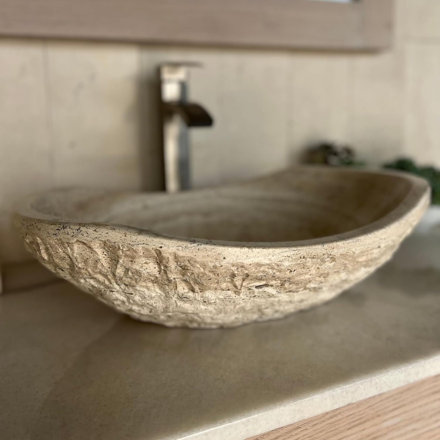Natural Tan Travertine Vessel Sink – Modern Rustic Chiseled Oval Canoe Bathroom Sink – Hand-Carved Marble – Real Stone Basin