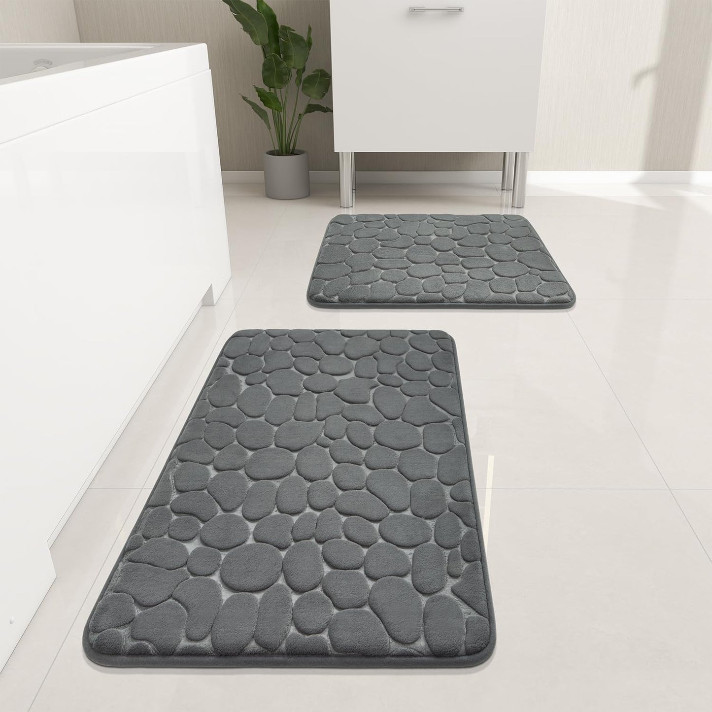 YIHOUSE Bathroom Rugs Set, 5 Piece Cobblestone Memory Foam Mats, Extra Thick Non Slip, Water Absorbent, Washable Teal Bath Rugs for Tub, Toilet and Floor