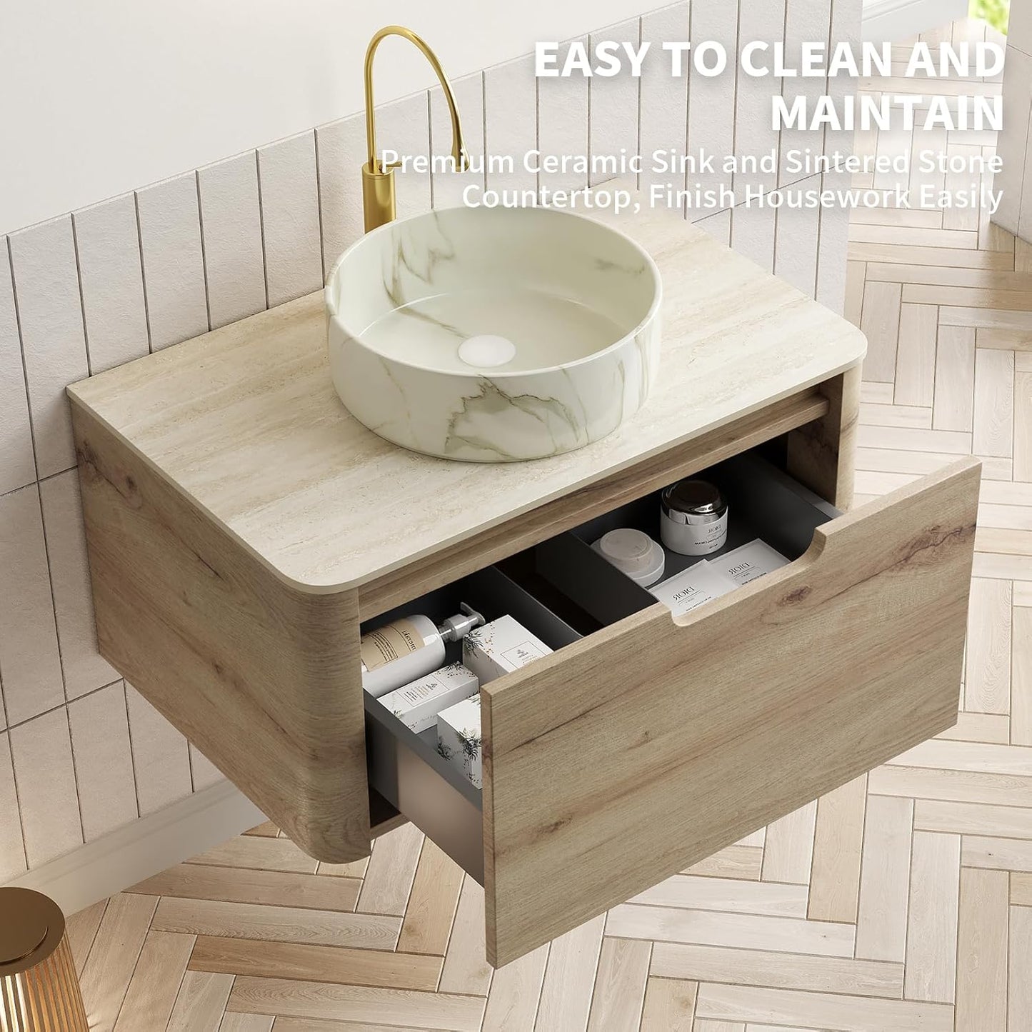 30 Inschs Bathroom Vanity with Sink, Modern Wall Mounted Bathroom with Soft Close Drawer, Stone Pattern Round Ceramic Basin and Solid Material Roma Travertine-Pattern Sintered Stone Top, Oak