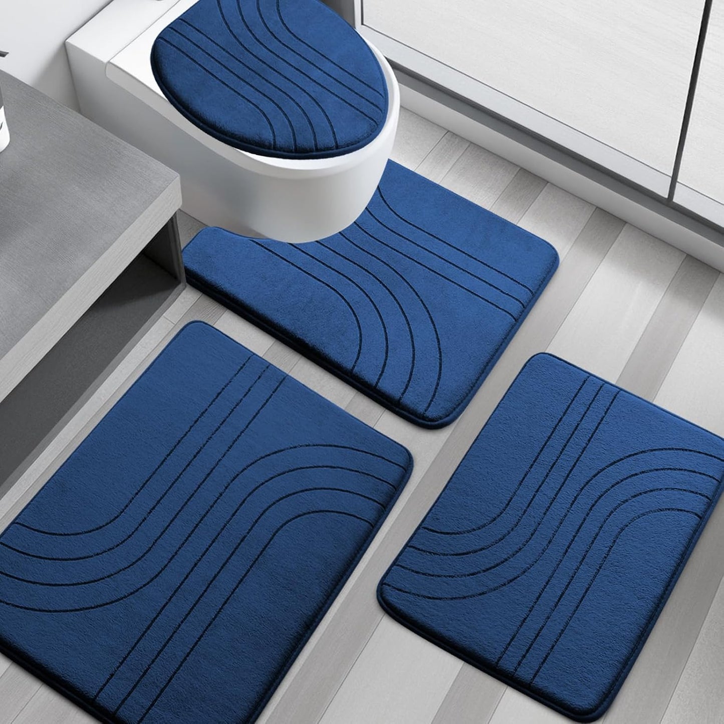 YIHOUSE Blue Bathroom Rug Set 5 Pieces, Soft Non Slip Memory Foam Bath Mats, Extra Thick Bath Mats for Bathroom, Machine Washable Bath Rugs Set for Tub, Toilet and Floor