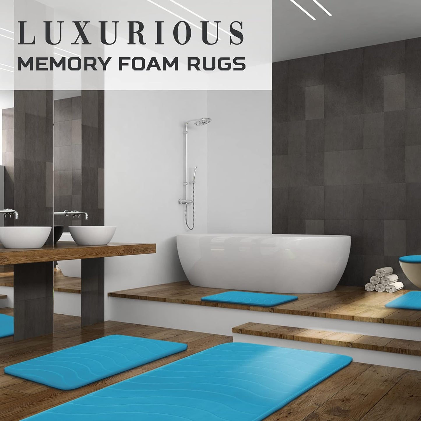 5-Piece Bathroom Rug Set - Memory Foam, Non-Slip, Machine Washable, Quick-Drying, Aqua Teal