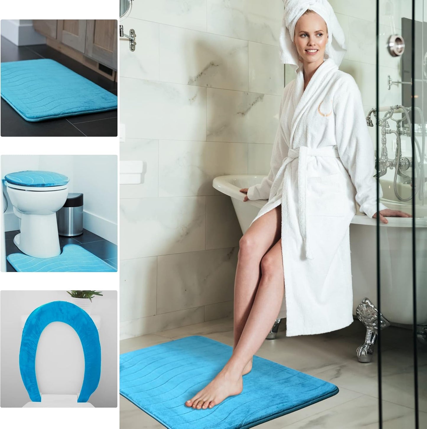 5-Piece Bathroom Rug Set - Memory Foam, Non-Slip, Machine Washable, Quick-Drying, Aqua Teal