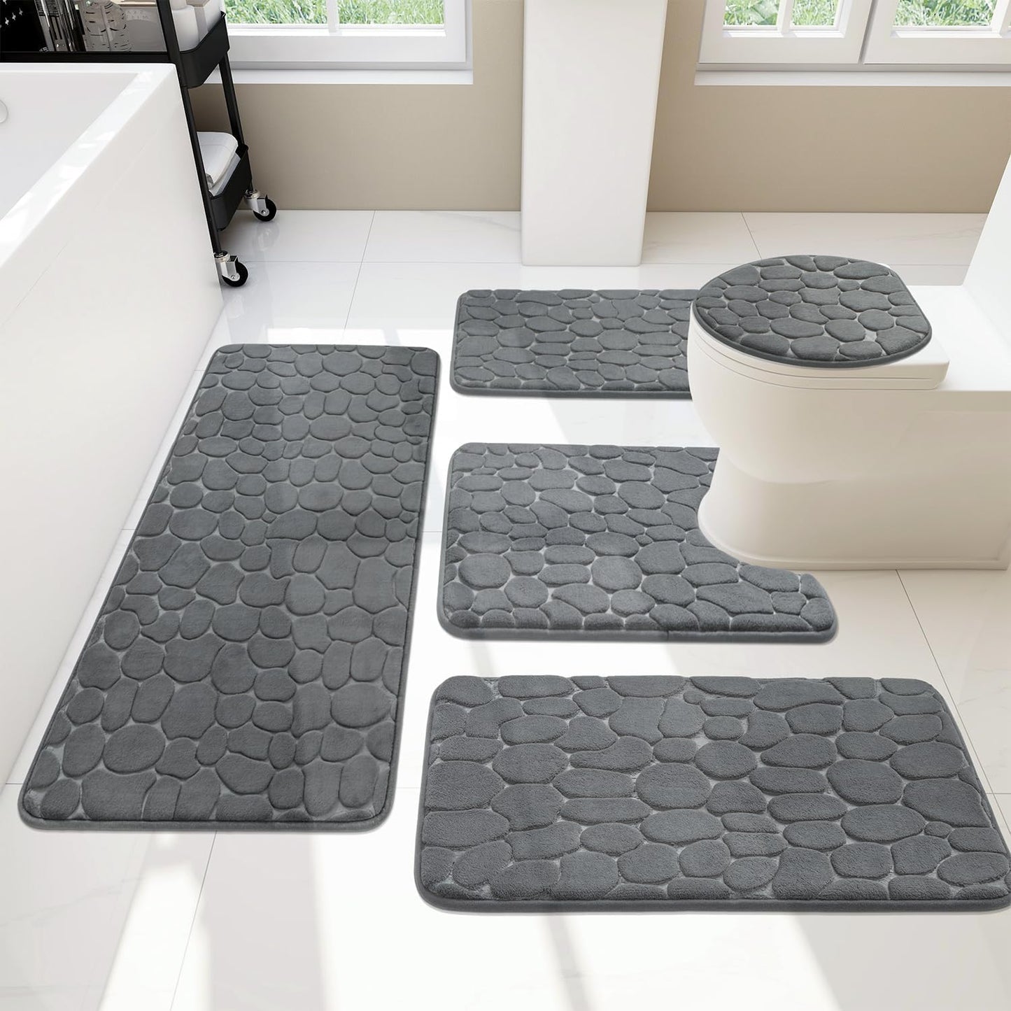 YIHOUSE Bathroom Rugs Set, 5 Piece Cobblestone Memory Foam Mats, Extra Thick Non Slip, Water Absorbent, Washable Teal Bath Rugs for Tub, Toilet and Floor