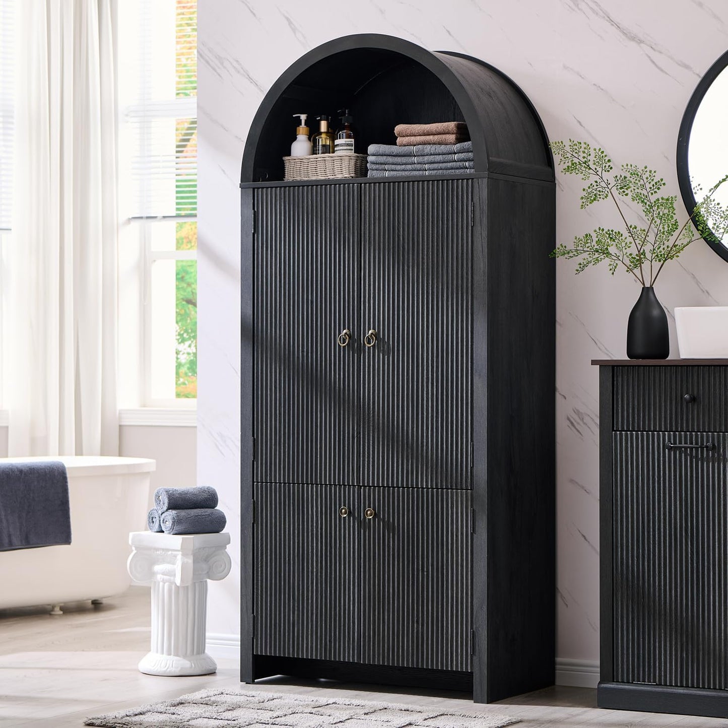 71" Tall Arched Bathroom Storage Cabinet, Modern Fluted Storage Cabinet w/Doors, 3 Adjustable Shelves, 6 Door Shelves, Wood Freestanding Cabinet for Bathroom, Entryway, Hallway, Natural